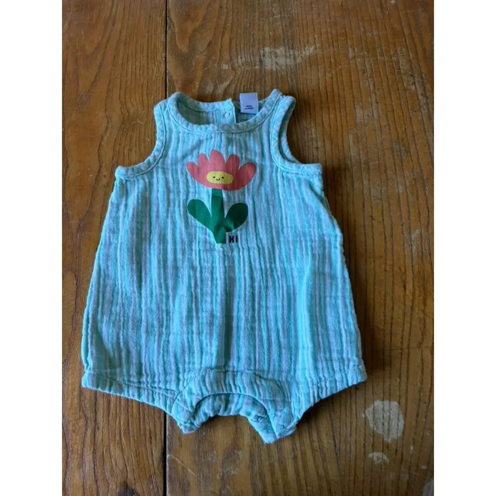 Vintage Old Navy Blue and White Striped Flower Romper Size 0-3 Months